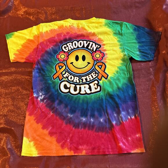 "Port & Company Tie-Dye T-Shirt Positive Vibes Smiley Face Bone Cancer Ribbon” - Picture 1 of 4